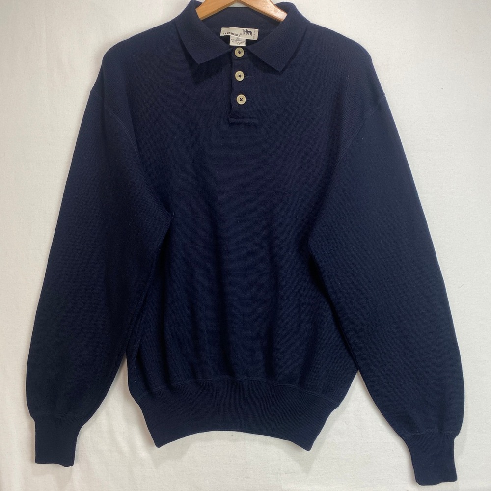 I Levrieri Mens Navy Blue 100% Merino Wool sz L Sleeve Polo Sweater Made Italy